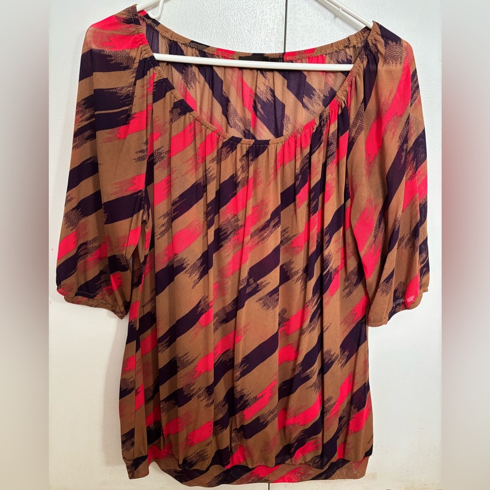 The Limited sheer caramel blouse with deep purple and vibrant coral brushstrokes